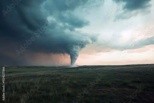 A distant tornado spiraling down amidst dark storm clouds in a vast open landscape