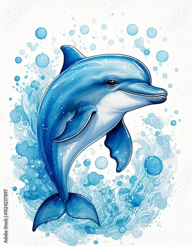 Dynamic illustration of a blue dolphin leaping with swirling water and bubbles, representing ocean life, energy, and marine beauty. photo