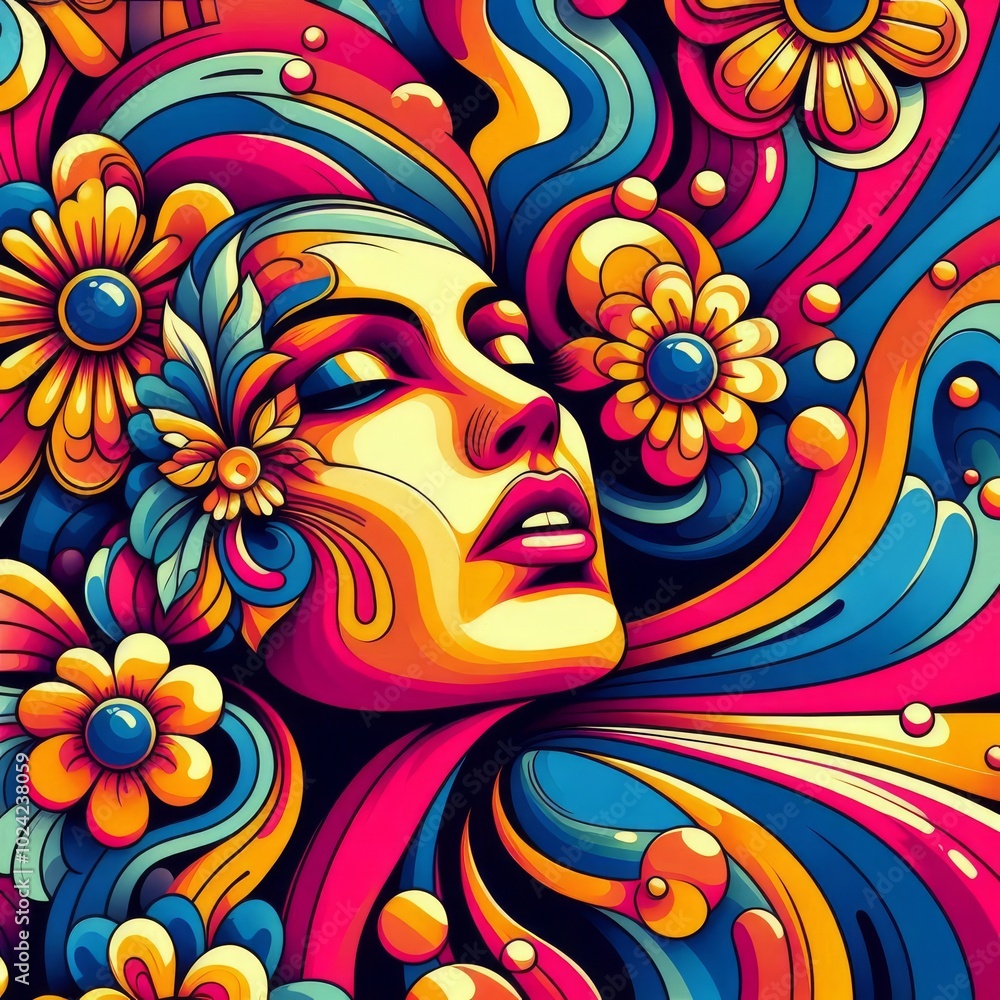 Abstract woman retro cool digital artwork. Contemporary pop art design, 70s style vivid flower child surreal pop art. Seamless pattern psychedelic hypnotic cartoon hippie trippy landscape
Abstract woman retro cool digital artwork. Contemporary pop art design, 70s style vivid flower child surreal pop art. Seamless pattern psychedelic hypnotic cartoon hippie trippy landscape