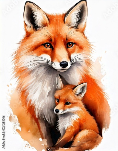 Beautiful watercolor illustration of a fox and its cub, showcasing a tender moment of wildlife in a soft, artistic style.