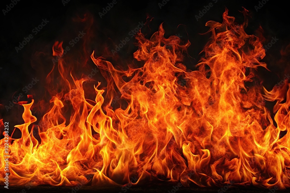 Vertical flames burning intensely on a black canvas Vertical flames burning intensely on a black canvas