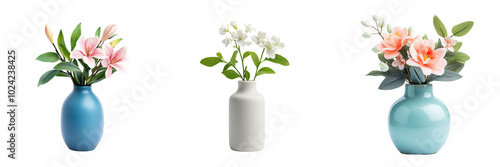 A tiny ceramic vase with fresh flowers, adding a touch of nature to the room, isolated on a transparent background 