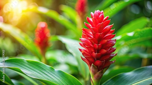 Vibrant aerial view of Costus speciosus ginger flower in bloom photo