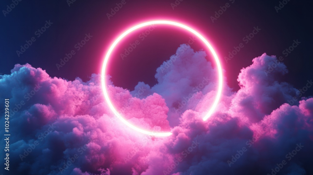 3d render, abstract cloud illuminated with neon light ring on dark night sky. Glowing geometric shape, round frame 3d render, abstract cloud illuminated with neon light ring on dark night sky. Glowing geometric shape, round frame