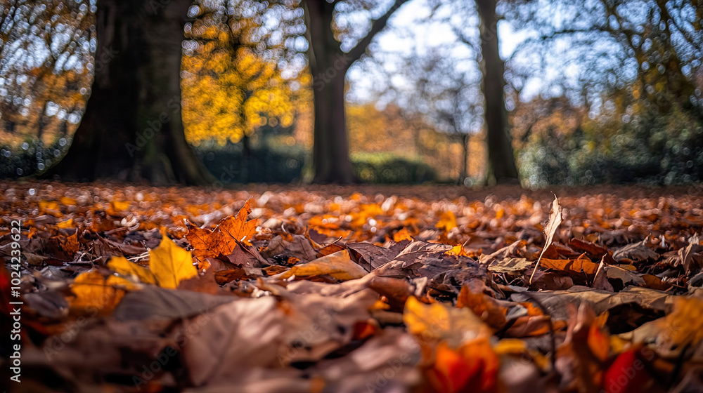 Autumn trees fallen leaves in sunny autumn park on the foreground Autumn trees fallen leaves in sunny autumn park on the foreground