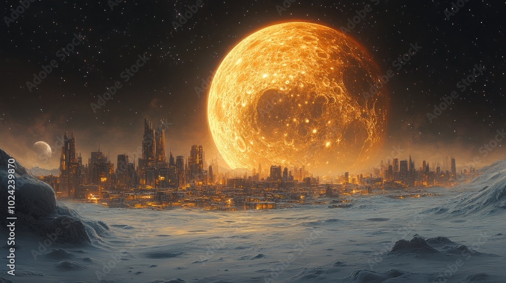 Naklejka premium Futuristic Cityscape under a Glowing Moon