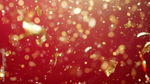 a festive celebratory red background with gold confetti and streamers creating a sparkling atmosphere of joy smooth golden animation festive laxury futage photo