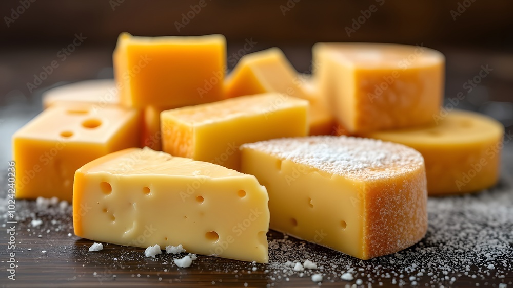 Cheese collection, gouda or cheddar made from cow milk close up generated by AI Cheese collection, gouda or cheddar made from cow milk close up generated by AI