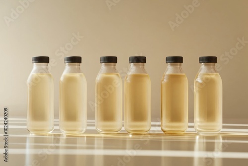 A refreshing arrangement of cold herbal tea bottles on a wooden surface during daylight photo