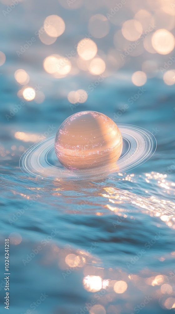 A transparent planet Saturn floats on the wavey sparkling and shining water