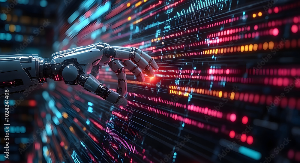 A Robotic Hand Touching an AI Interface with Digital Elements. A ...
