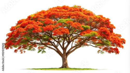 Vibrant image of Flamboyant Royal Poinciana tree isolated on white background photo