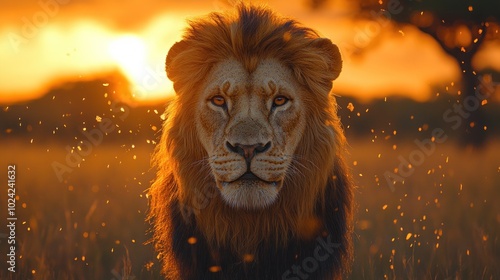 A majestic lion stares intensely at the camera with a fiery sunset in the background.