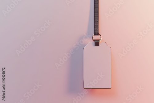 Vertical badge on a lanyard against a soft gradient background in a minimalist setting photo