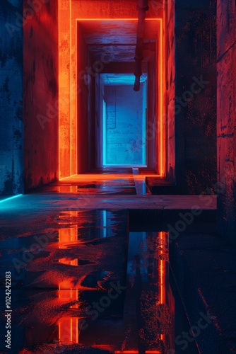 Futuristic Neon Corridor with Reflective Surfaces and Vibrant Red and Blue Lighting