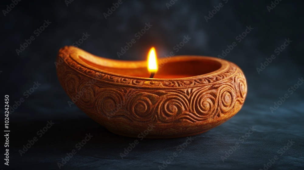 A beautifully illuminated terra-cotta Diwali lamp (Diya) with intricate artwork carved on its surface, glowing warmly against a dark A beautifully illuminated terra-cotta Diwali lamp (Diya) with intricate artwork carved on its surface, glowing warmly against a dark