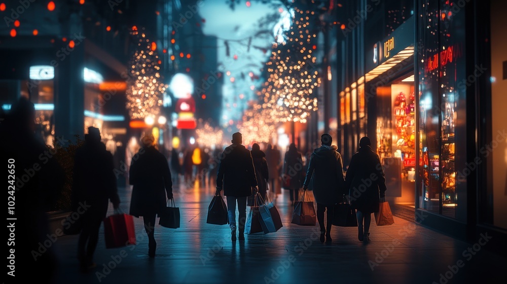 A bustling shopping street adorned with festive lights and shoppers carrying bags. A bustling shopping street adorned with festive lights and shoppers carrying bags.