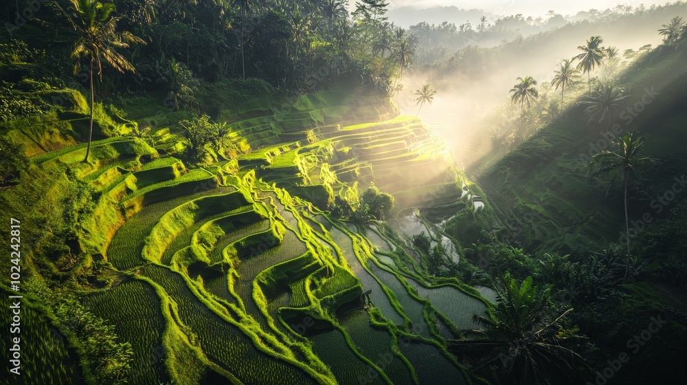 A breathtaking view of cascading rice terraces in the mountains of Bali, with lush green paddies reflecting the soft light of the morning sun. A breathtaking view of cascading rice terraces in the mountains of Bali, with lush green paddies reflecting the soft light of the morning sun.