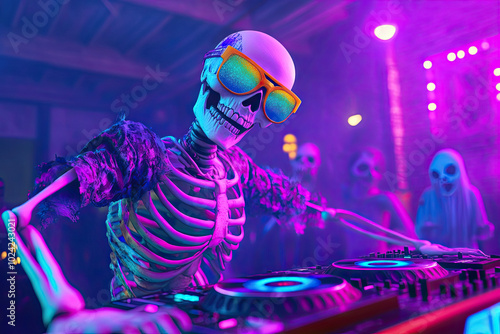 DJ Skeleton Spinning at a Halloween Rave A skeleton DJ with colorful sunglasses, dressed in a bright, funky costume