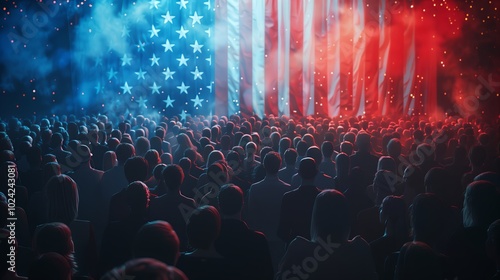 a crowd of people against the background of the American flag