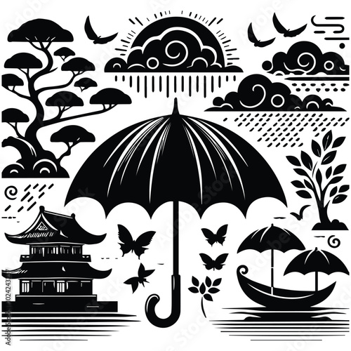 A monochrome drawing of an umbrella amidst a downpour, capturing the essence of a rainy day.