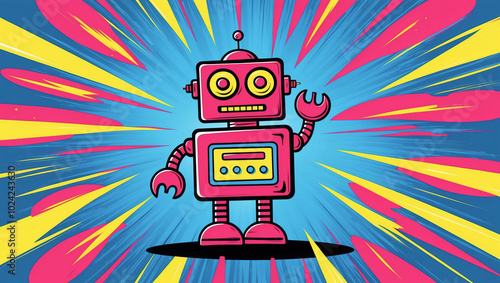 Cute friendly android robot in pop art style drawing illustration.