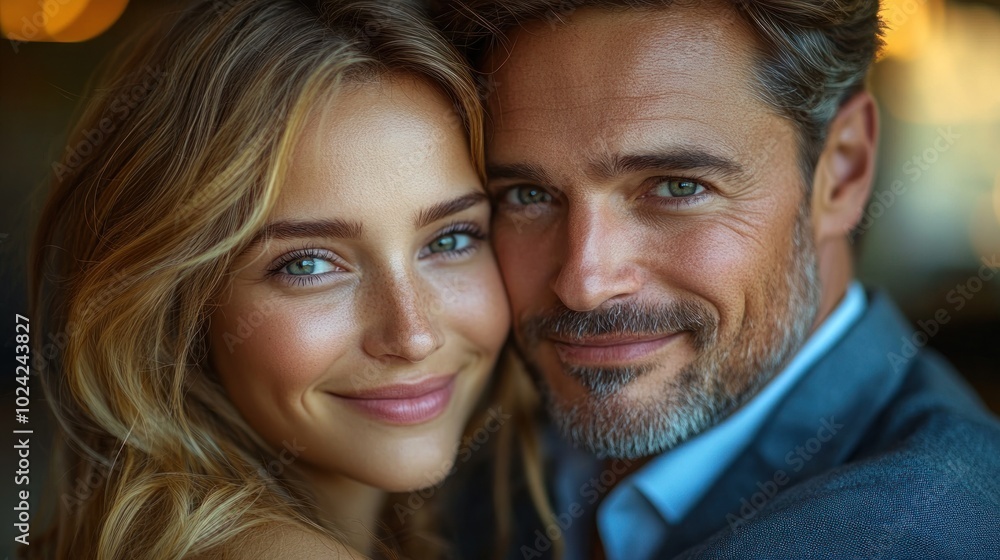 A close-up portrait of a happy couple, a man and a woman, looking at the camera and smiling. A close-up portrait of a happy couple, a man and a woman, looking at the camera and smiling.