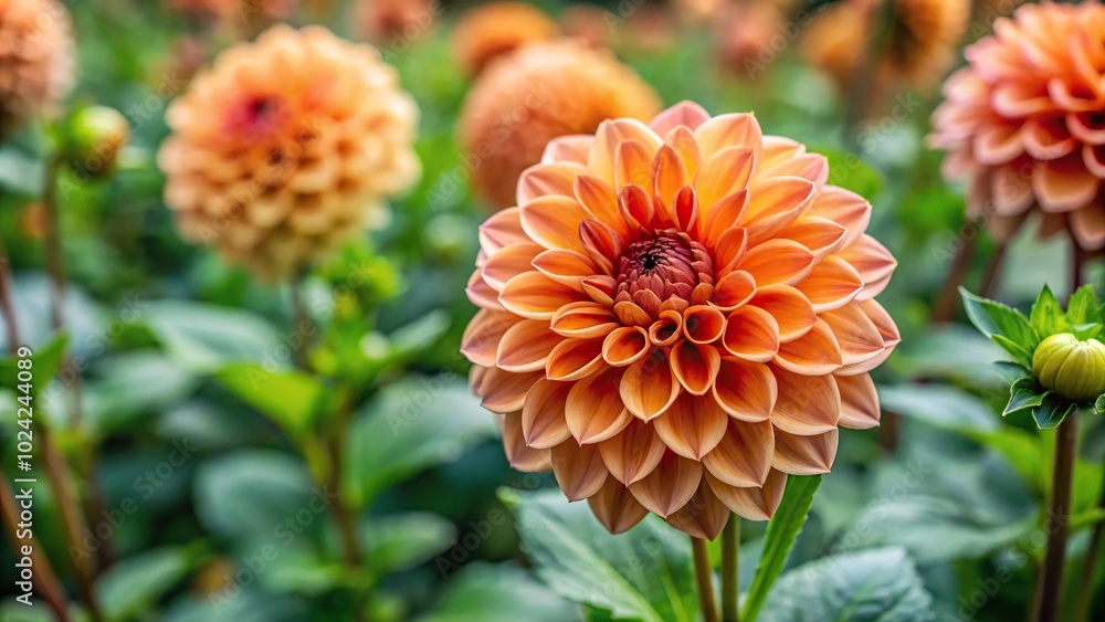 Vibrant terracotta dahlia flower in bloom in a garden Vibrant terracotta dahlia flower in bloom in a garden