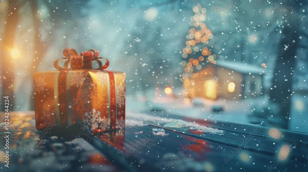 A large gold box with a red bow sits on a table in front of a Christmas tree. The scene is set in a snowy landscape, with a house in the background. Concept of warmth and joy A large gold box with a red bow sits on a table in front of a Christmas tree. The scene is set in a snowy landscape, with a house in the background. Concept of warmth and joy