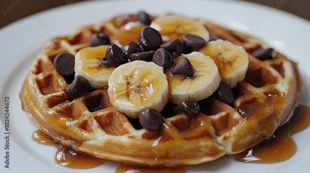 Chocolate Chip Banana Breakfast Waffles with Caramel Sauce Chocolate Chip Banana Breakfast Waffles with Caramel Sauce