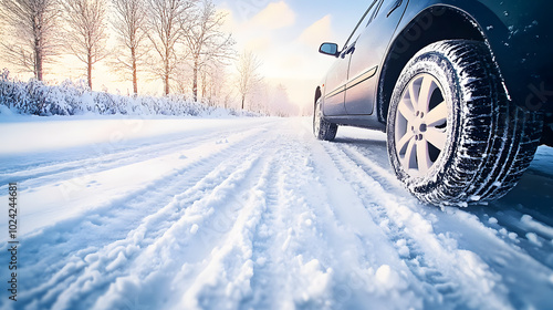 Leaving tread marks in winter conditions, close-up of car tires on a snowy, icy road
