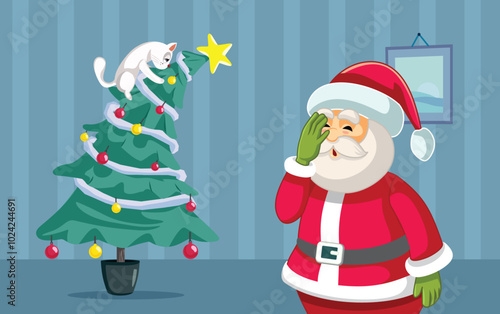 Santa Exasperated by Christmas Tree Cat Accident Vector Cartoon. Stressed Santa Claus looking at his kitty destroying Xmas décor 
