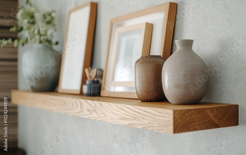 Close-up shot of the floating shelf, highlighting the textures of the wood and the intricate details of the frames and vases. 