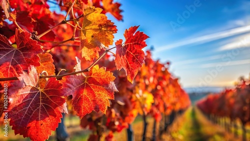 Vine branch with red autumn foliage against blue sky, selective focus close-up