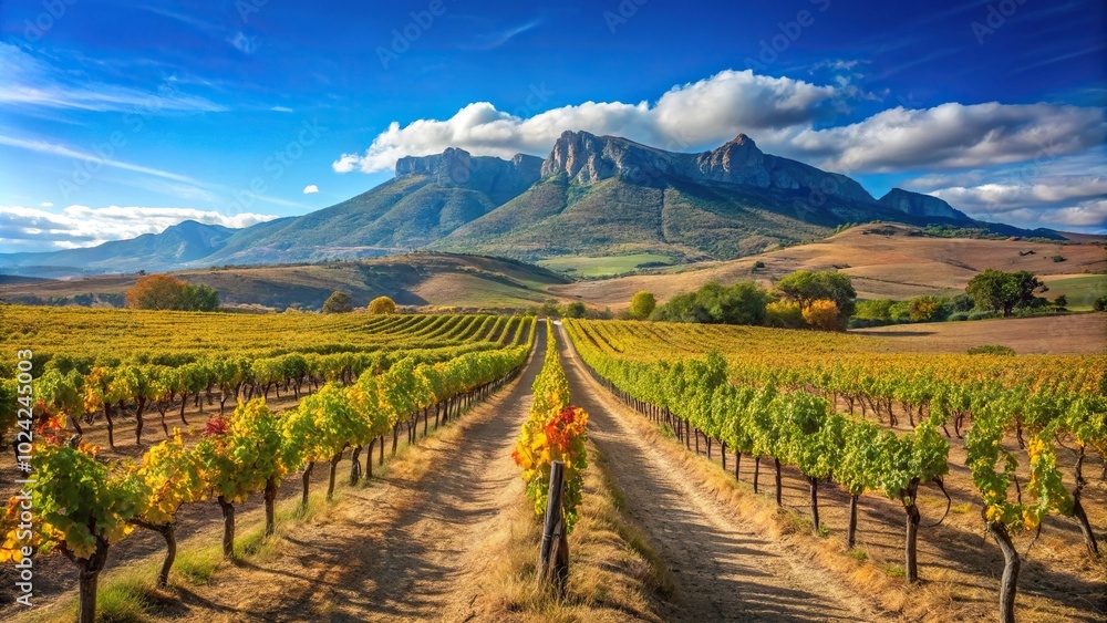 Fototapeta premium Vineyard landscape with mountains and blue sky