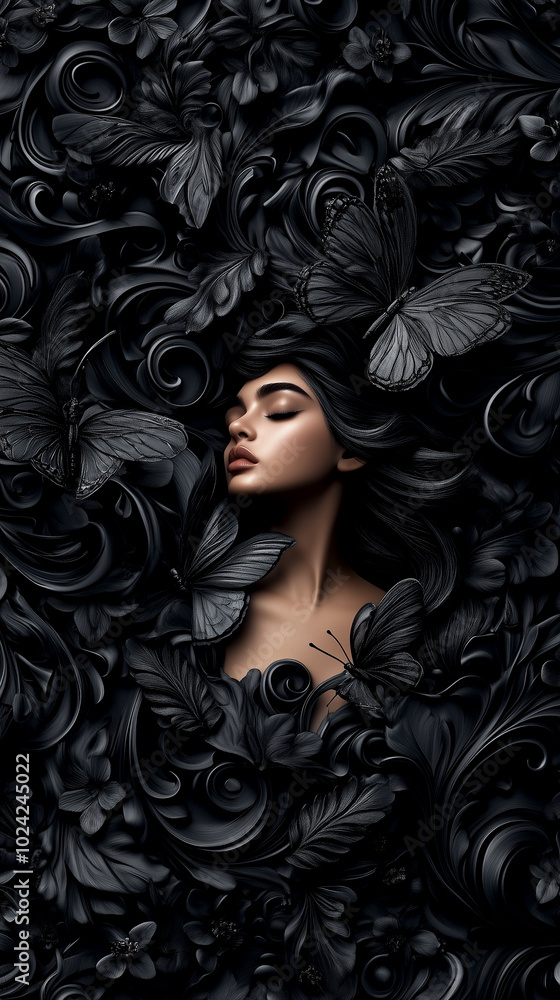 A woman is surrounded by butterflies and flowers. The image is black and white and has a moody, mysterious feel to it A woman is surrounded by butterflies and flowers. The image is black and white and has a moody, mysterious feel to it