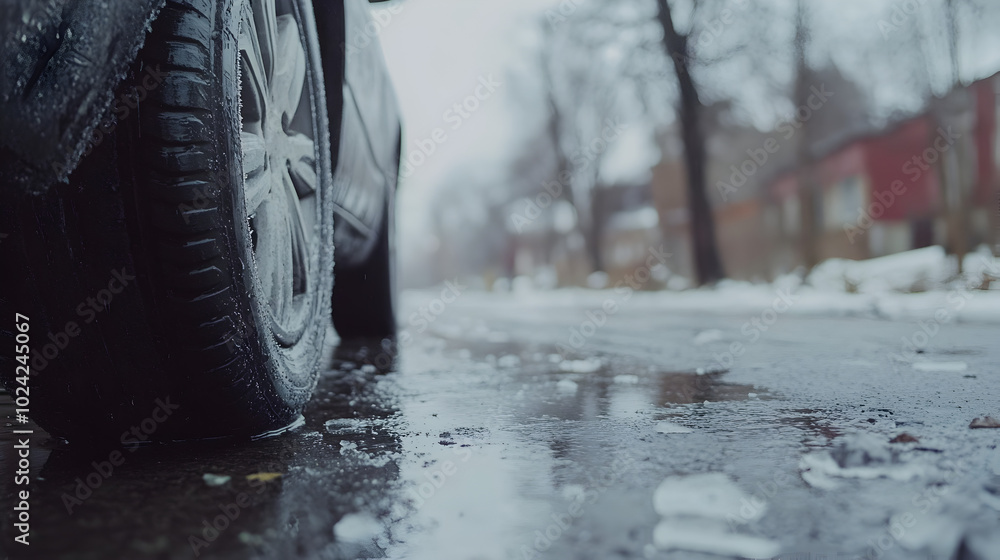 Car with winter tires stands on slippery road. Car with winter tires stands on slippery road.