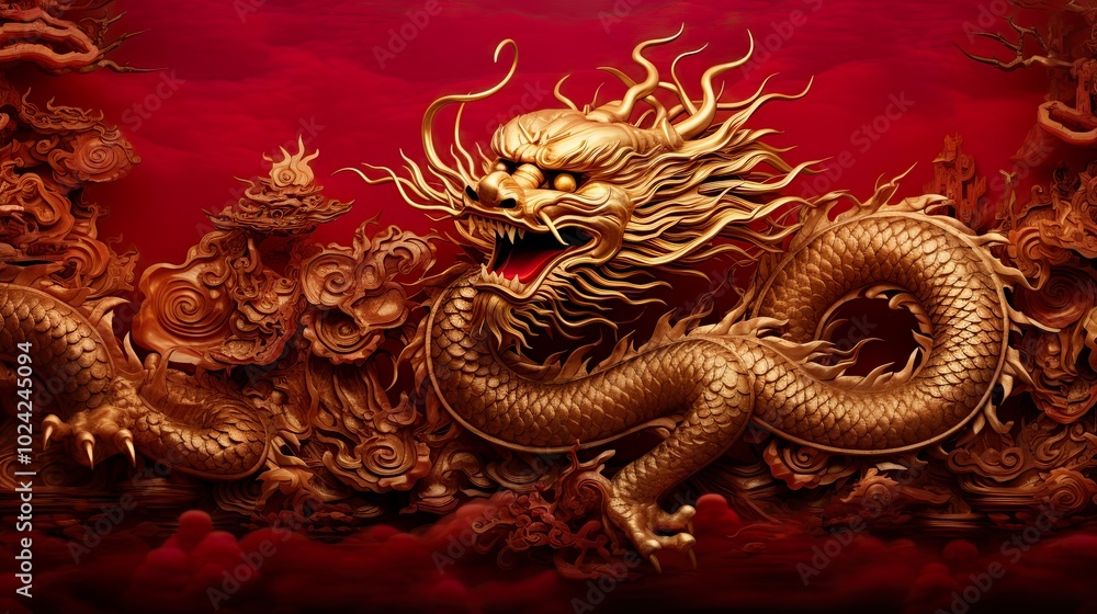 Chinese new year dragon and Happy new year Golden traditional chinese dragon background Chinese new year dragon and Happy new year Golden traditional chinese dragon background