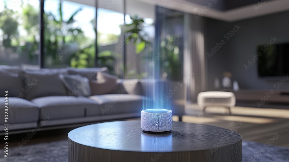 A close-up of an AI-controlled smart assistant projecting holographic data in a modern living room. A close-up of an AI-controlled smart assistant projecting holographic data in a modern living room.
