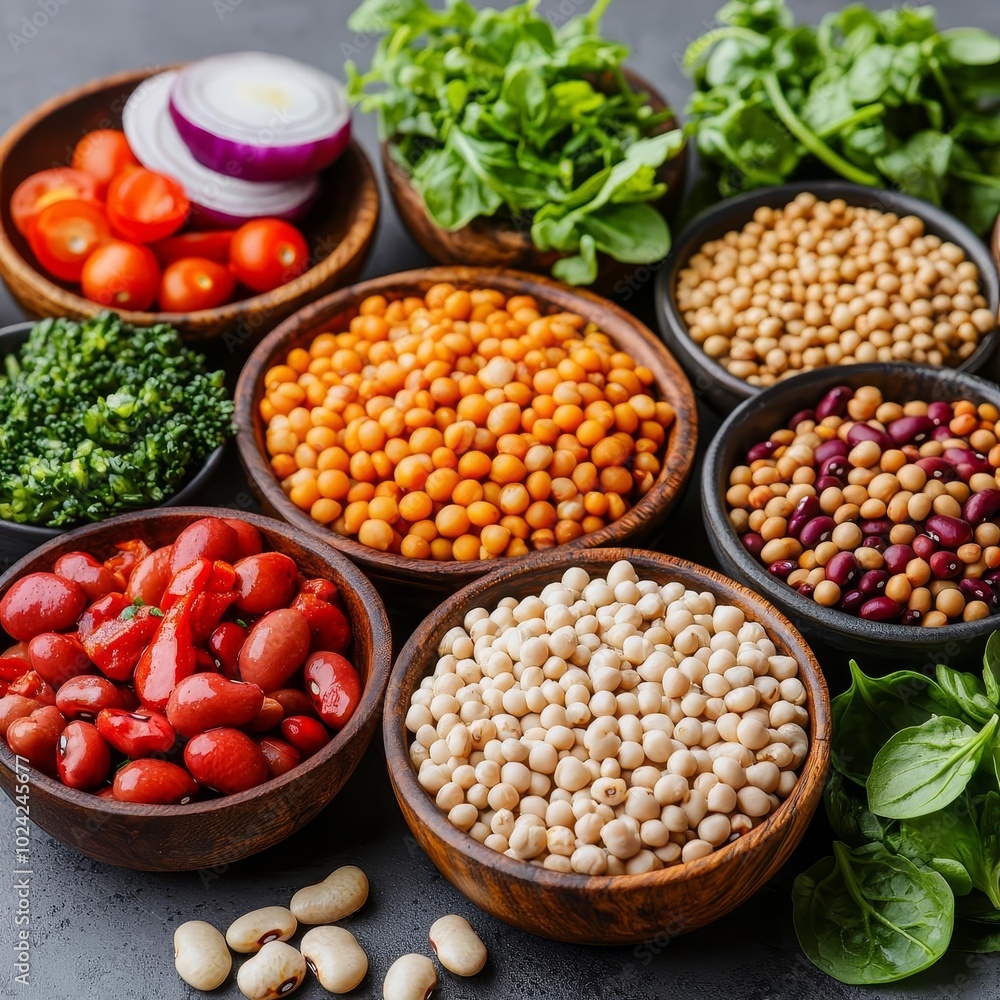 Healthy plantbased meal arrangement with a variety of grains, legumes, and fresh vegetables, whole foods, balanced meal composition Healthy plantbased meal arrangement with a variety of grains, legumes, and fresh vegetables, whole foods, balanced meal composition