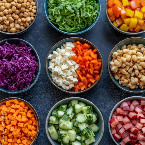 Flatlay of vibrant plantbased meal prep, colorful bowls of fresh whole foods, healthy eating concept, plantbased recipes, wholesome and colorful meal preparation