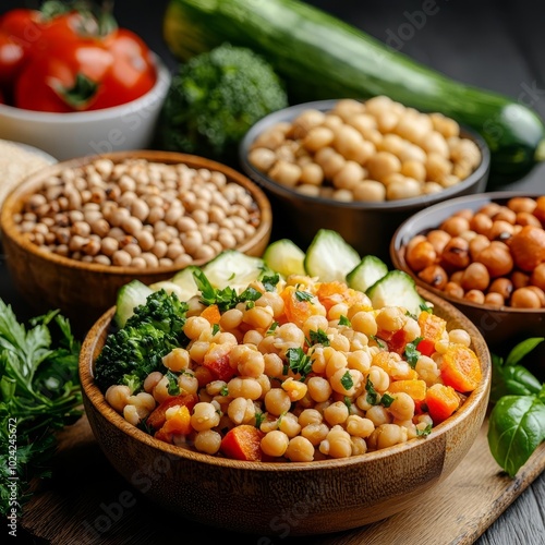 Healthy plantbased meal arrangement with a variety of grains, legumes, and fresh vegetables, whole foods, balanced meal composition