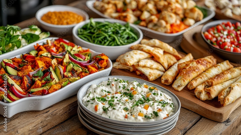 A table set with various plantbased appetizers, showcasing colorful whole food ingredients, plantbased recipes, dinner party spread A table set with various plantbased appetizers, showcasing colorful whole food ingredients, plantbased recipes, dinner party spread