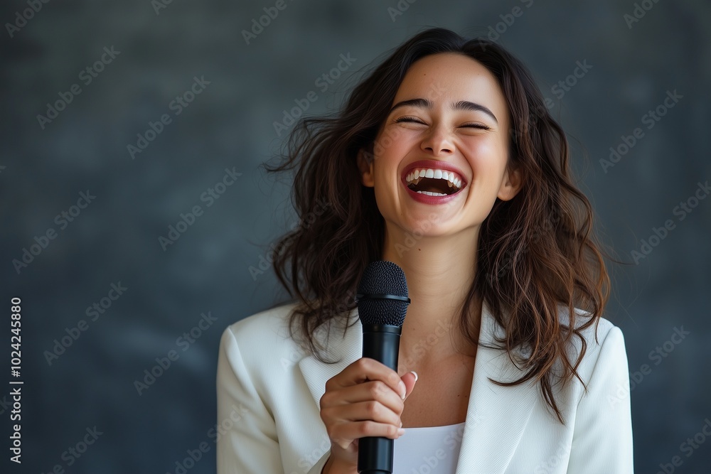 business woman standing and laughing for speech while holding mirophone by generative aic business woman standing and laughing for speech while holding mirophone by generative aic