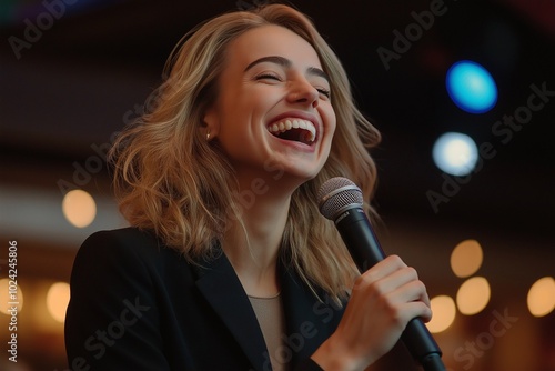 business woman standing and laughing for speech while holding mirophone by generative aic