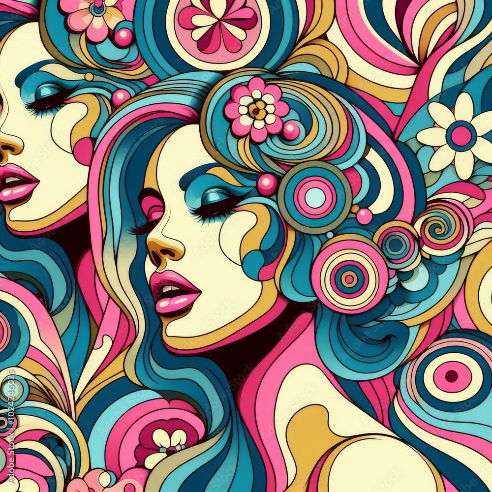 Abstract woman retro cool digital artwork. Contemporary pop art design, 70s style vivid flower child surreal pop art. Seamless pattern psychedelic hypnotic cartoon hippie trippy landscape
Abstract woman retro cool digital artwork. Contemporary pop art design, 70s style vivid flower child surreal pop art. Seamless pattern psychedelic hypnotic cartoon hippie trippy landscape