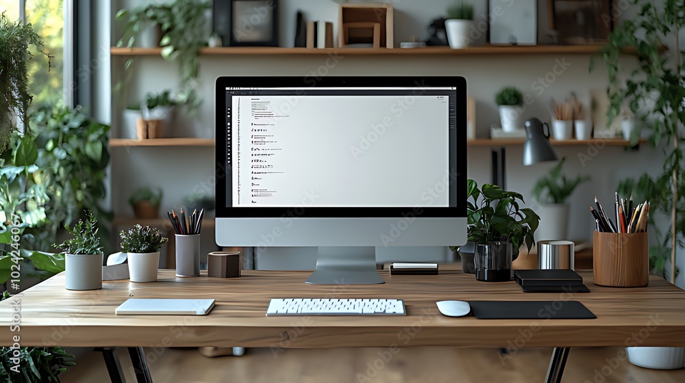 A clean and modern home office workspace with a computer, keyboard, mouse, and various plants. A clean and modern home office workspace with a computer, keyboard, mouse, and various plants.