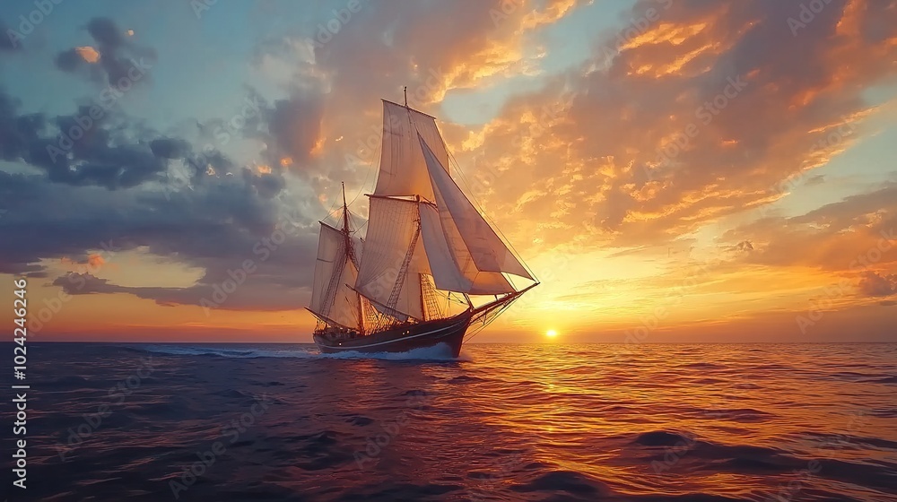 Fototapeta premium A graceful sailboat gliding across the ocean, its sails catching the wind against a stunning sunset sky