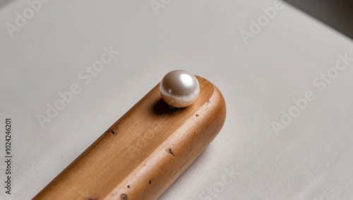 A tight shot of a wooden end with a pearl embedded in its center. photo