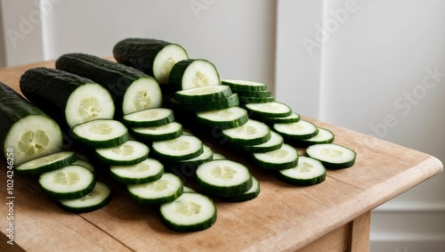 A wooden table holds several piles of cut and sliced cucumbers. photo